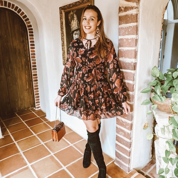 NWT Boho Floral Print Fall Mini Dress S:Sm-Med - Picture 6 of 9